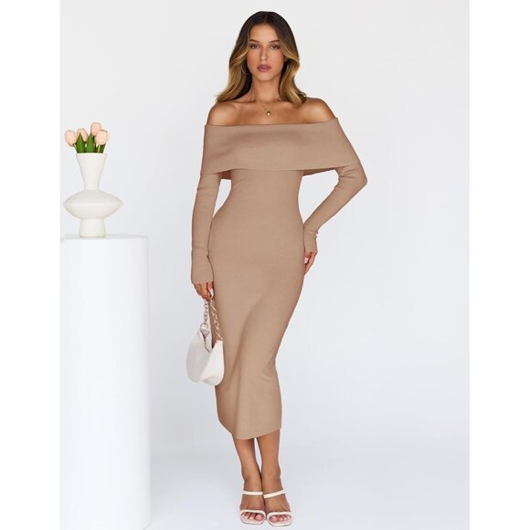 Merokeety Women's Khaki Off Shoulder Long Sleeve Elegant Bodycon Midi Dress - Picture 2 of 9